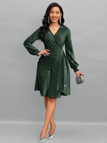SHEIN Lady 閃耀包覆領口,層疊前沿的連衣裙 - 墨綠色 - 查看 3