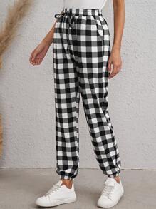 SHEIN LUNE 女士兩色格紋褲 - 黑色 - 查看 5