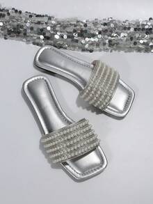 女式串珠带平底凉鞋，2023 年夏季新款韩国时尚沙滩拖鞋 - 銀色 - 查看 5