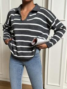 Cloudara Striped Pattern Drop Shoulder Sweater - Dark Grey - View 4