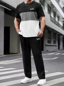 EASEVO Bộ đồ hai mảnh cổ tròn tay ngắn họa tiết chữ và khối màu cỡ lớn cho nam và quần dài thường ngày dệt kim thời trang mùa hè - Nhiều màu - Xem 1