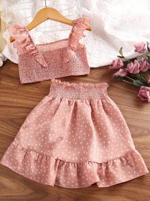 SHEIN Cô gái Tween In vết tròn Polka Ruffled Off-shoulder Áo Và Bộ quần short - Bụi hồng - Xem 2