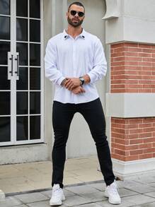 Manfinity Homme Chemise À Manches Longues Avec Broderie De Cœur Pour Homme De Grande Taille - Blanc - Voir 6
