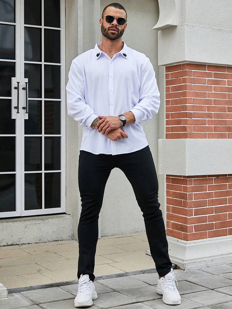 Men'S Plus Size Heart Embroidery Long Sleeve Shirt