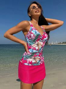 Swim Lushoire Bộ áo liền quần in họa tiết nhiệt đới đi biển mùa hè dành cho nữ và váy ngắn Tankini - Nhiều màu - Xem 5