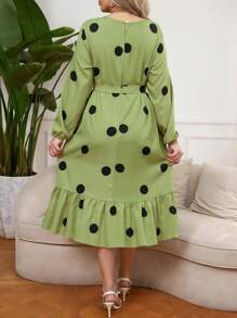 SHEIN LUNE Plus Size Women's Polka Dot Print Ruffled Hem Dress Women Outfit Fall Cloth For Women - Green - View 2