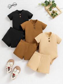 SHEIN Bộ áo liền quần và quần đùi ngắn tay mềm mại thoáng khí mùa hè cho bé trai - Nhiều màu - Xem 1