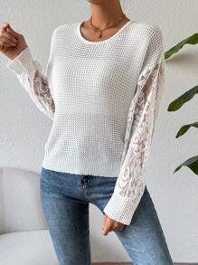 SHEIN Unity Women's Lace Spliced Long Sleeve Sweater With Back Strap Detail Knit Pullover Fall Winter Sweater - White - View 6