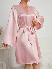 SHEIN Women's Crown Monogram Embroidered Belted Nightgown Luxeloungewear, Fall, Winter - Pink - View 5