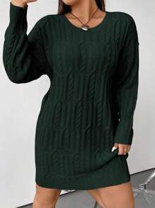 Flirla Plus Size Solid Color Cable Knitted Long Sleeve Sweater Dress - Green - View 1
