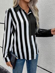 SHEIN Clasi 女性條紋拼接長袖襯衫 - 黑色 - 查看 5