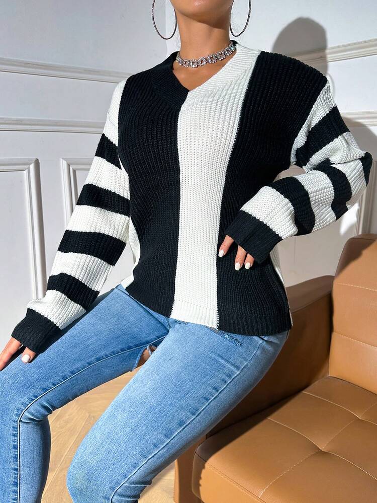 Vertical Stripe V-Neck Sweater