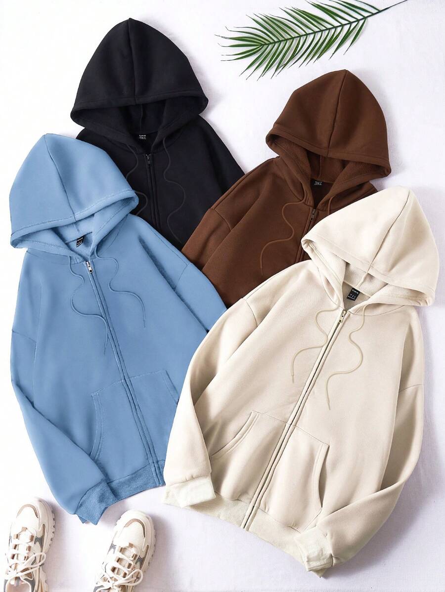 SHEIN Unity Solid Color Fleece Hoodie With Drawstring - Multicolor - View 1