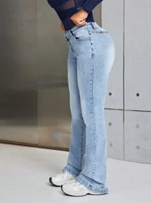 SHEIN SXY 女士丹寧喇叭褲 - 藍色 - 查看 4