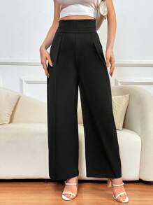 SHEIN Privé 高腰女裝長褲,擁有褶皺設計的腰部和直筒褲腿 - 黑色 - 查看 5