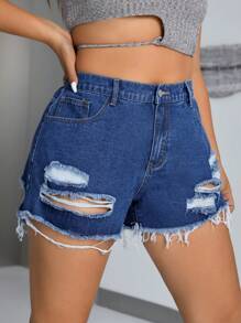SHEIN ICON 大尺碼女士破壞風格牛仔短褲 - 藍色 - 查看 2