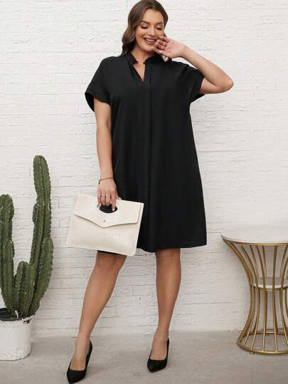 Miaspire Vestido Negro De Manga Corta Y Talla Grande Para Verano Con Cuello En V Y Detalle De Corte