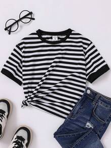 SHEIN Áo thun sọc ngắn tay thường ngày mùa hè cho bé gái - Đen và trắng - Xem 1