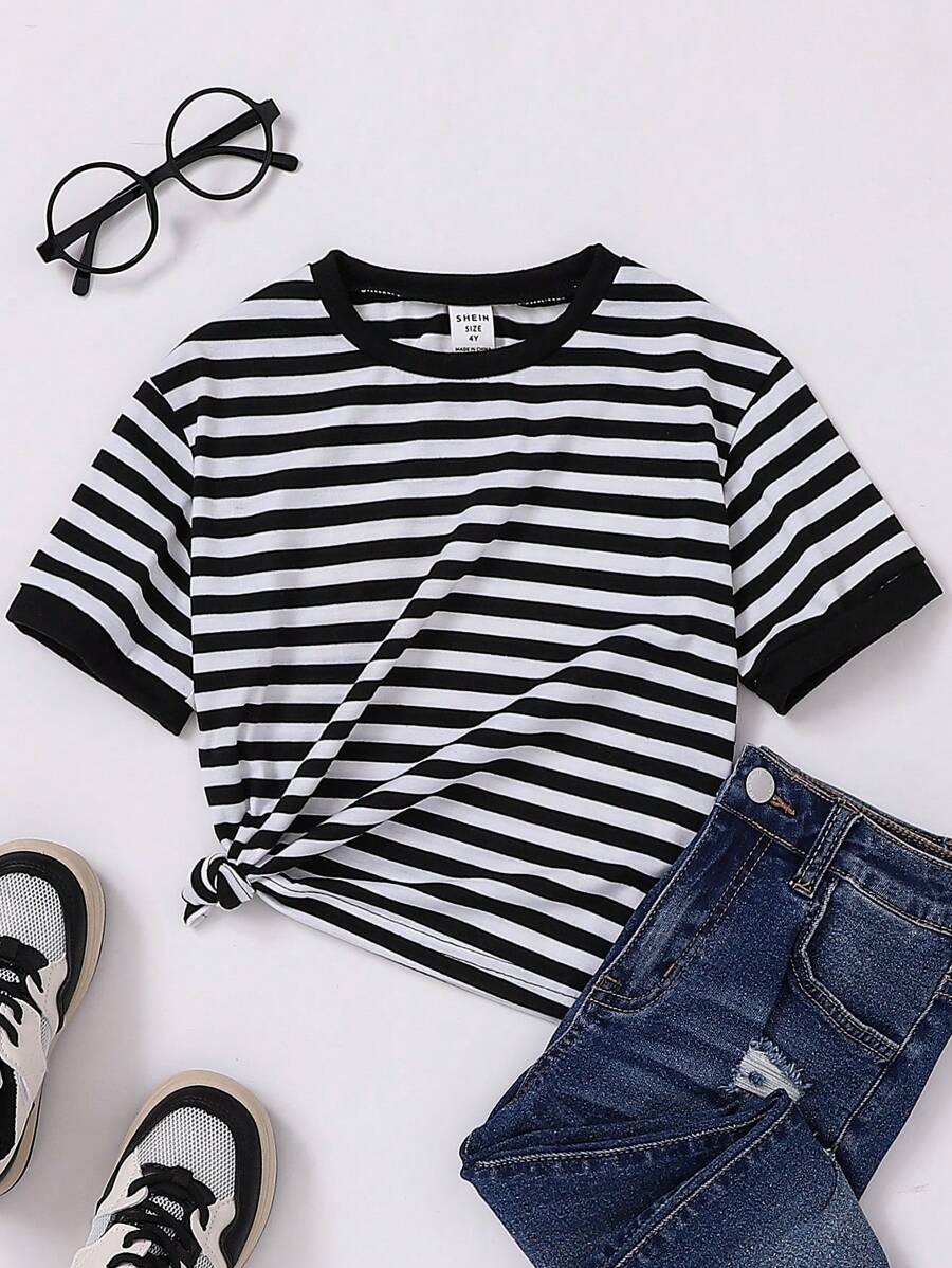SHEIN Áo thun sọc ngắn tay thường ngày mùa hè cho bé gái - Đen và trắng - Xem 1