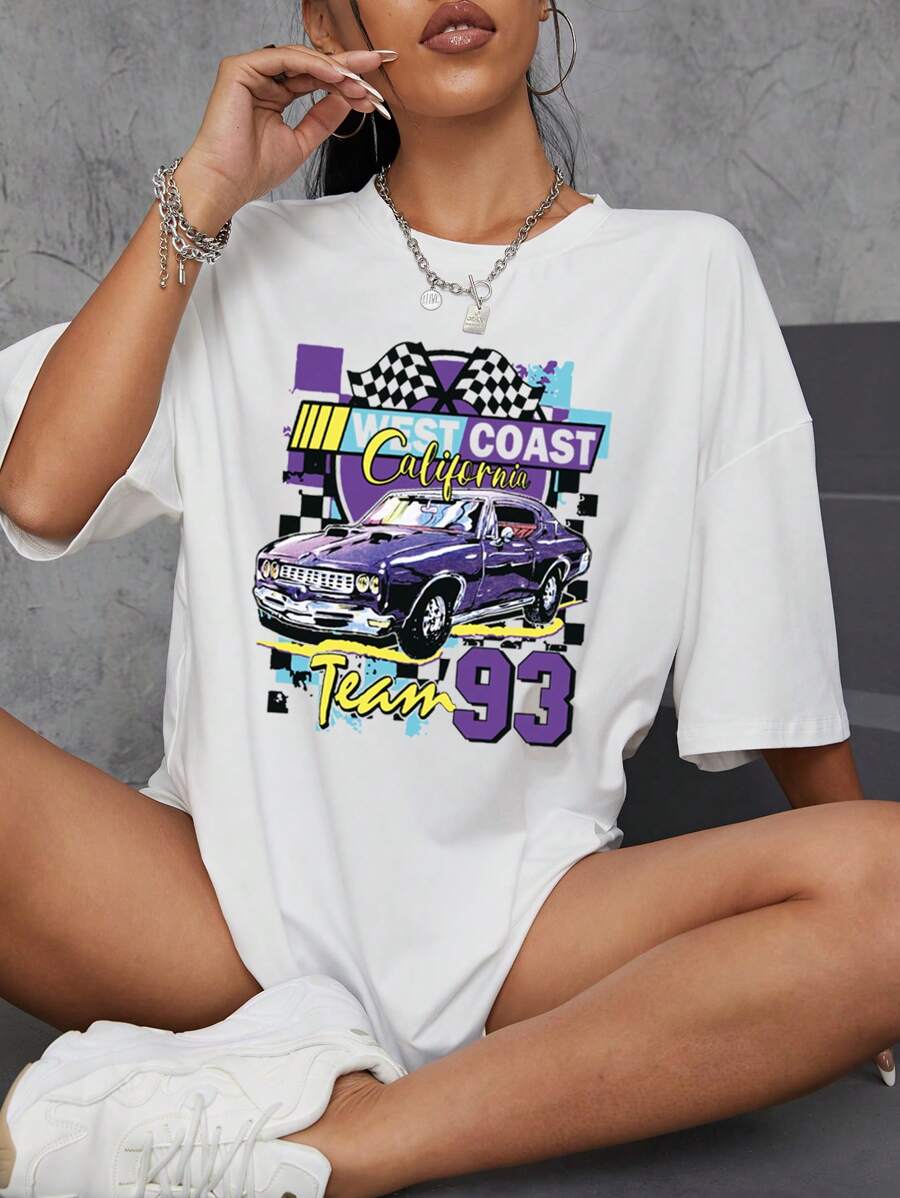SHEIN EZwear In xe hơi và chữ cái Thả vai Áo thun - trắng - Xem 1