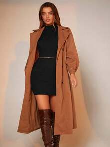 BizChic 女款純色立領腰袖毛衣連身裙 - 黑色 - 查看 12