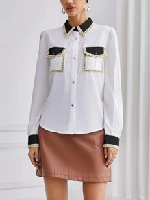 SHEIN Privé Ladies' Color Block Turn Down Collar Long Sleeve Shirt - Black and White - View 4