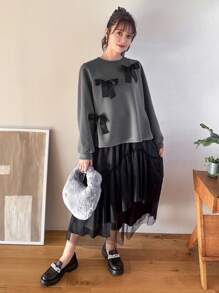 FRIFUL Bow Decorated Long Sleeve Casual Round Neck Sweatshirt - Grey - View 6