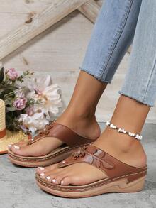 女款休閒鑲有水晶和花紋圖案的舒適防滑高跟涼鞋 - 巧克力棕 - 查看 3