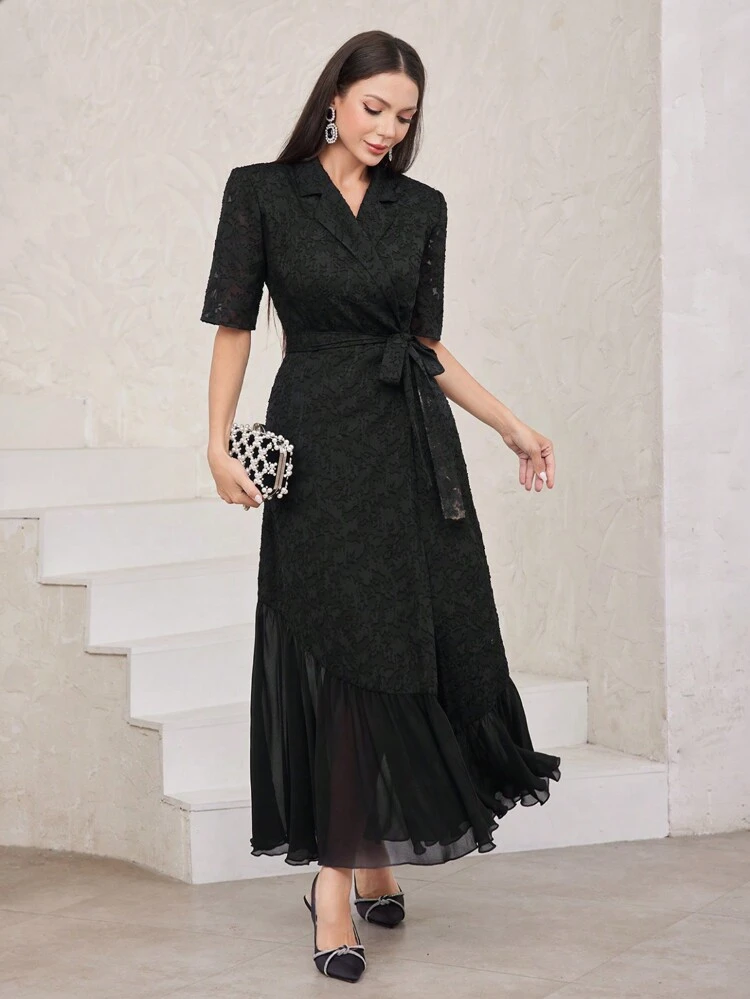 Women'S Collared Mesh Contrast Waist Cinched Dress