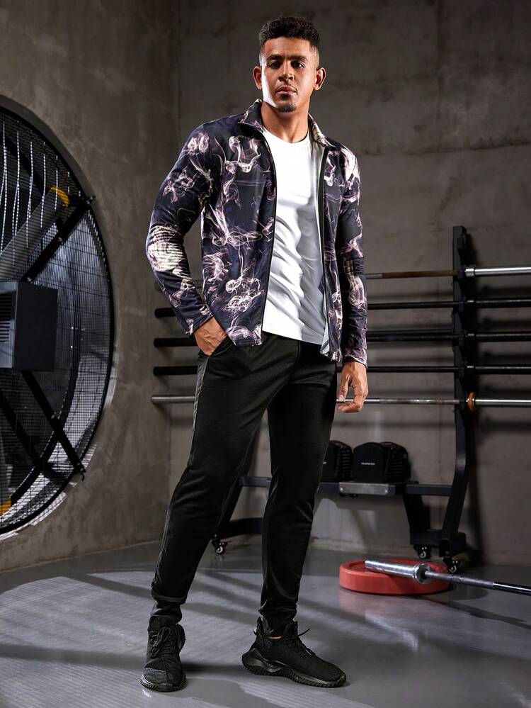 Boyfriend Style Men's Full Print Zip Front Sports Jacket Workout Tops Sports Jacket