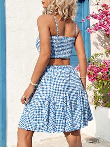 Soleia 女士格紋及花卉圖案中空腰部背心連身裙 - 藍色 - 查看 2