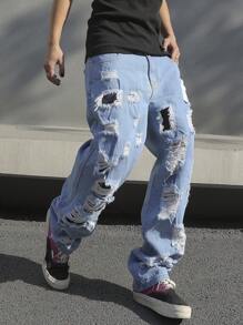 Manfinity Roghcode Jeans Casuales Sueltos Para Hombre, Rasgados - Lavado ligero - Ver 3