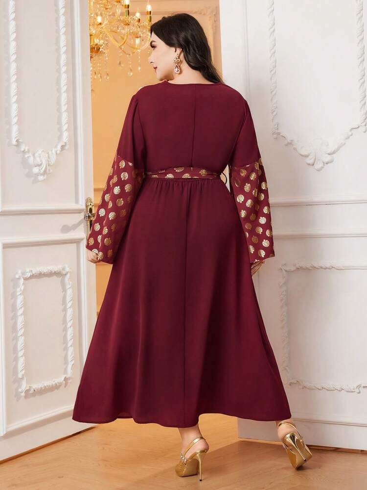 Burgundy Red Plus Size Random Pattern Fringe Decorated Bell Sleeve Dress Kaftan Jalabiya Dress