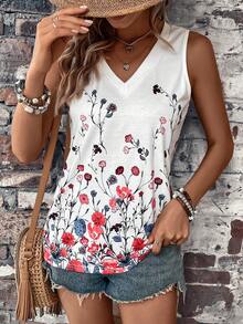 SHEIN LUNE 女士花卉印花 V 领无袖上衣 图案 T 恤 女士上衣 - 白色 - 查看 6