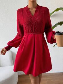 SHEIN Clasi Women's Long Sweater With Notched Collar And Drawstring Waist Knit Pullover Fall Winter - Red - View 1