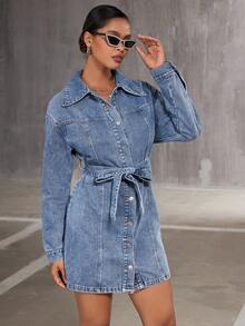 SHEIN BAE 女式腰帶牛仔襯衫連身裙 - 藍色 - 查看 4