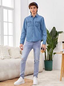 青少年男孩復古基礎款輕藍色洗水輕盈舒適寬鬆牛仔襯衫 - 淺色水洗藍 - 查看 5