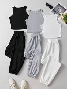 SHEIN Unity Quý cô Màu thuần Áo ba lỗ Và Quần Chạy bộ Bộ - Nhiều màu - Xem 4