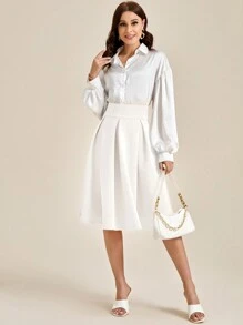 SHEIN Privé 高腰百褶裙 - 白色 - 查看 3