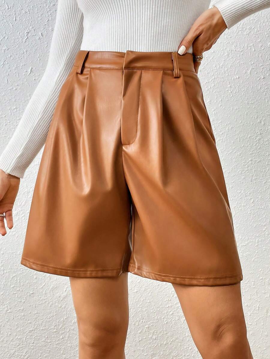 SHEIN Frenchy Women'S Pu Leather Shorts Summer Brown Casual - Brown - View 1