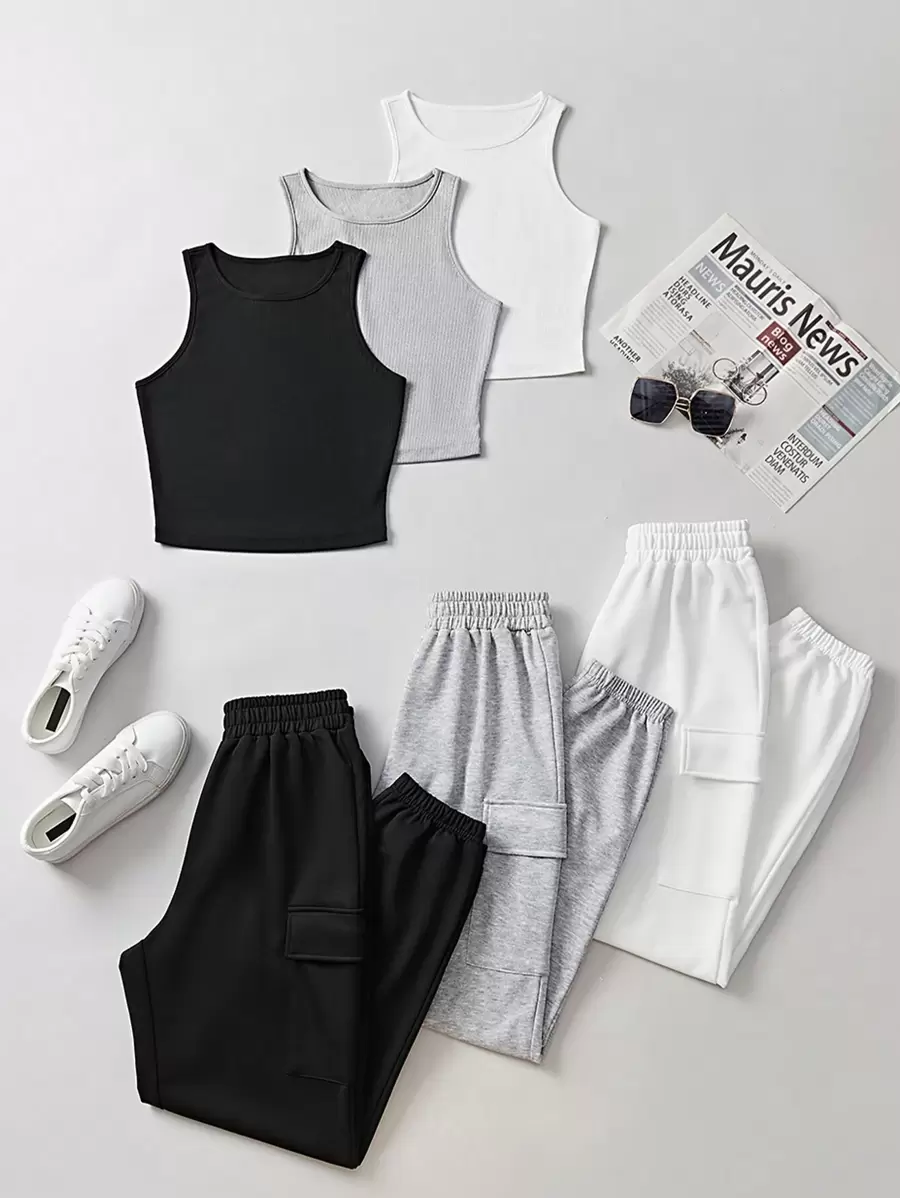 SHEIN Unity Quý cô Màu thuần Áo ba lỗ Và Quần Chạy bộ Bộ - Nhiều màu - Xem 1