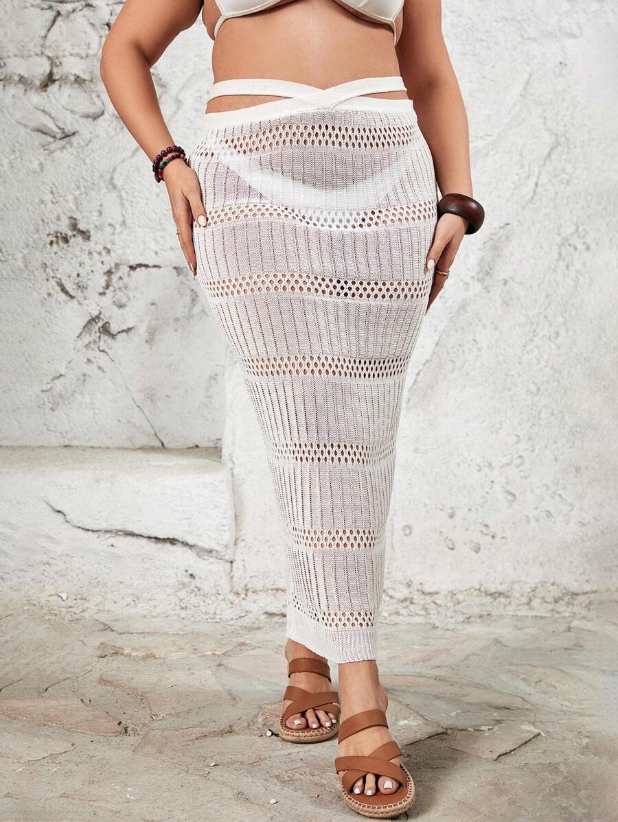 SHEIN Swim Curve Plus Size Women's Hollow Out Top & Skirt Set Wedding Summer - White - View 1