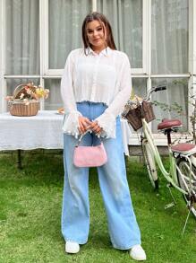 SHEIN EZwear Plus Size Tie Front Lettuce Trim Bell Sleeve Blouse - White - View 5