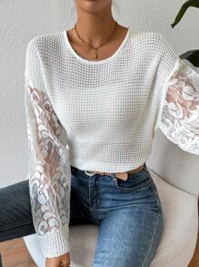 SHEIN Unity Women's Lace Spliced Long Sleeve Sweater With Back Strap Detail Knit Pullover Fall Winter Sweater - White - View 4