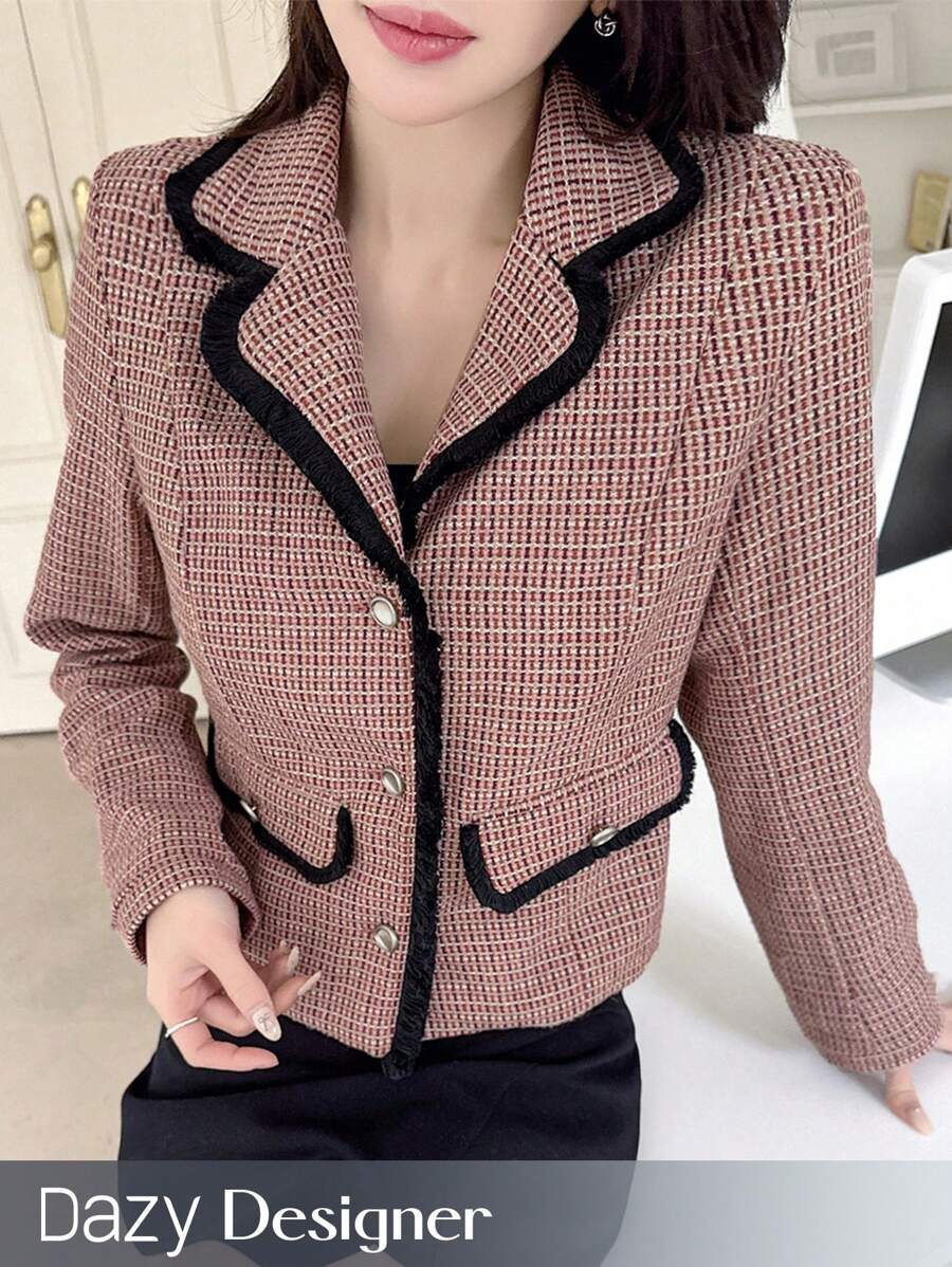 Dazy Designer Ladies' Plaid Lapel Collar Contrast Color Edge Coat Women Blazers,Fall Women Clothes Buisness Attire - Red - View 1