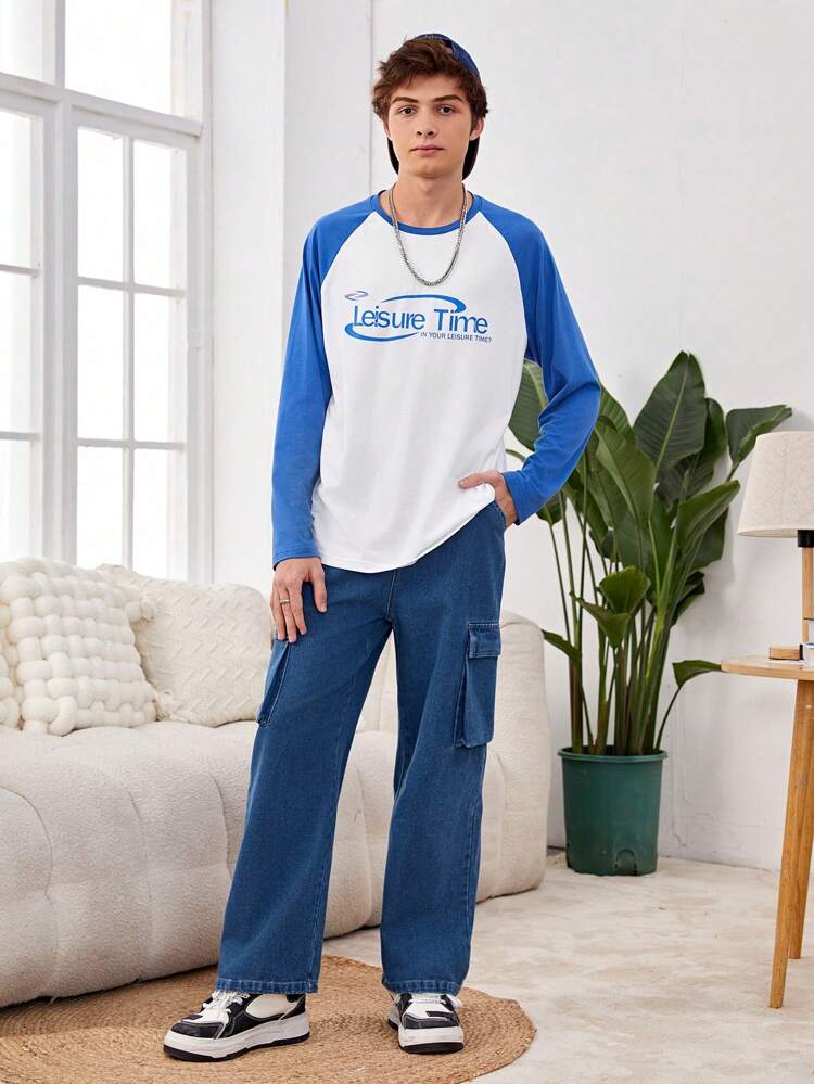 Teen Boy Vintage & High Fashion Blue-White Contrast Color Printed Raglan Sleeve Loose Fit & Comfortable Long Sleeve T-Shirt And Vintage Multi-Pockets Baggy Fit Deep Blue Washed Jeans Outfit, 2pcs/Set