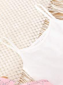 Tween Girls' Solid Color Tank Top And Heart Print Vest And Skirt Outfit - Pink - View 6