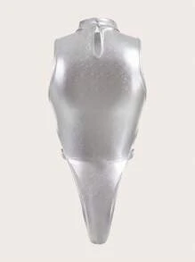 SHEIN ICON Women's Metallic Look High Cut Bodysuit - Silver - View 2