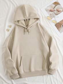 SHEIN EZwear Kangaroo Pocket Drawstring Thermal Lined Hoodie - Apricot - View 4