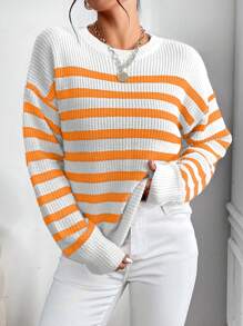 SHEIN Essnce 條紋圖案落肩袖套頭毛衣 - 白色 - 查看 1